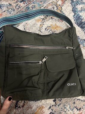 CLuci Olive Green Utility Messenger Bag with Patterned Strap